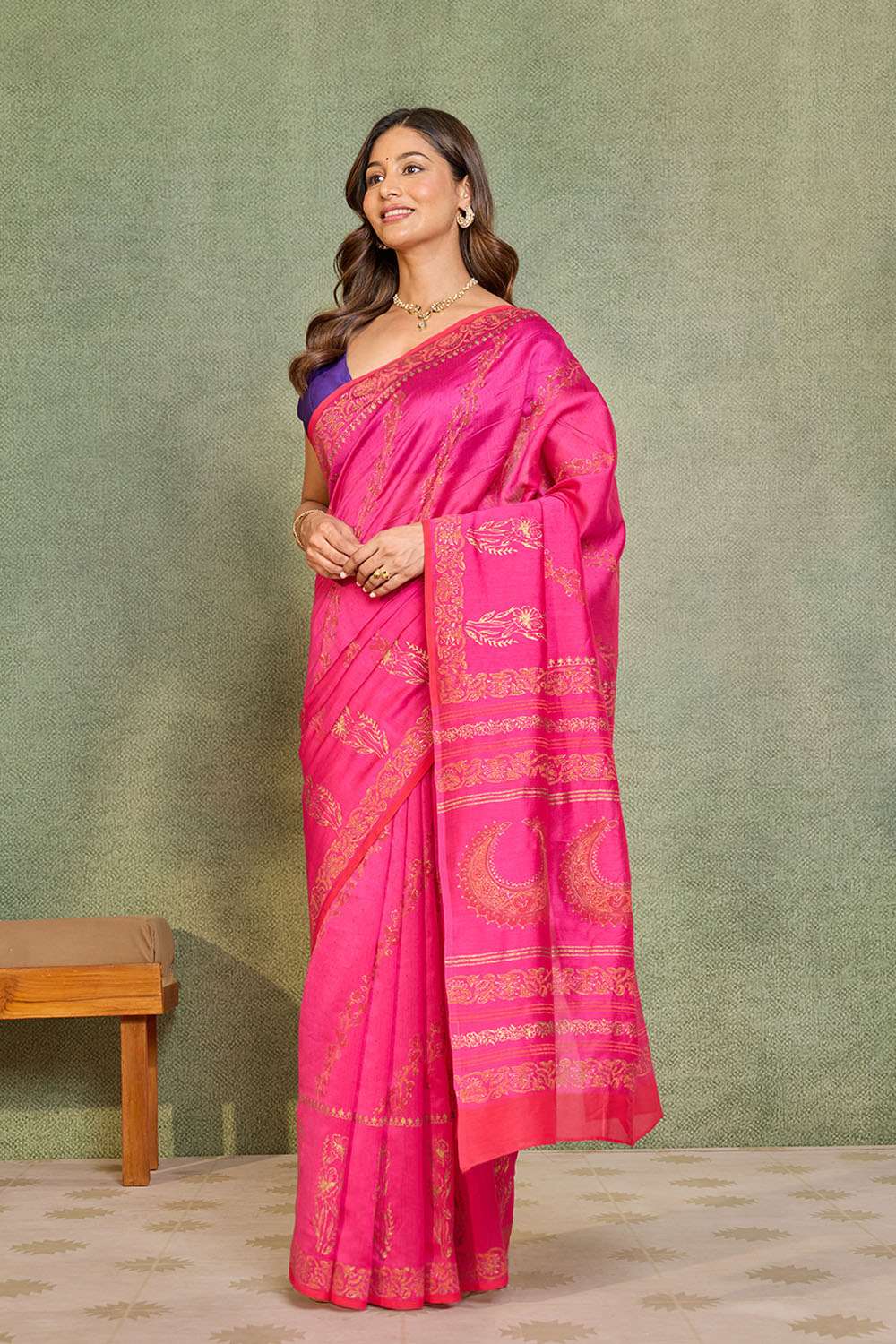 Dark Pink Pure Silk Cotton Block Printed Bengal Saree image number null