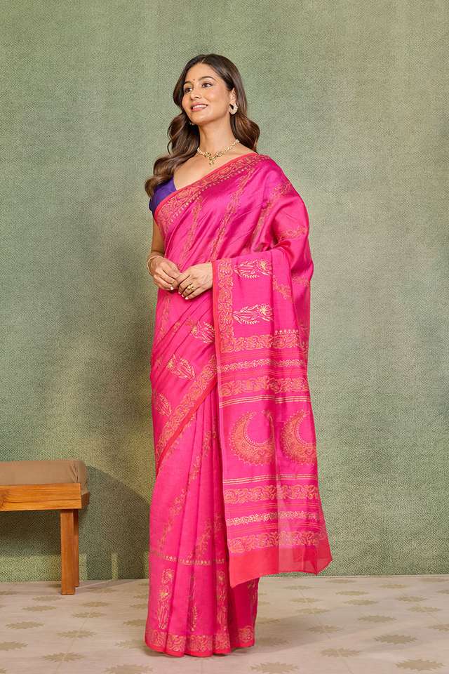 Dark Pink Pure Silk Cotton Block Printed Bengal Saree thumbnail image number null