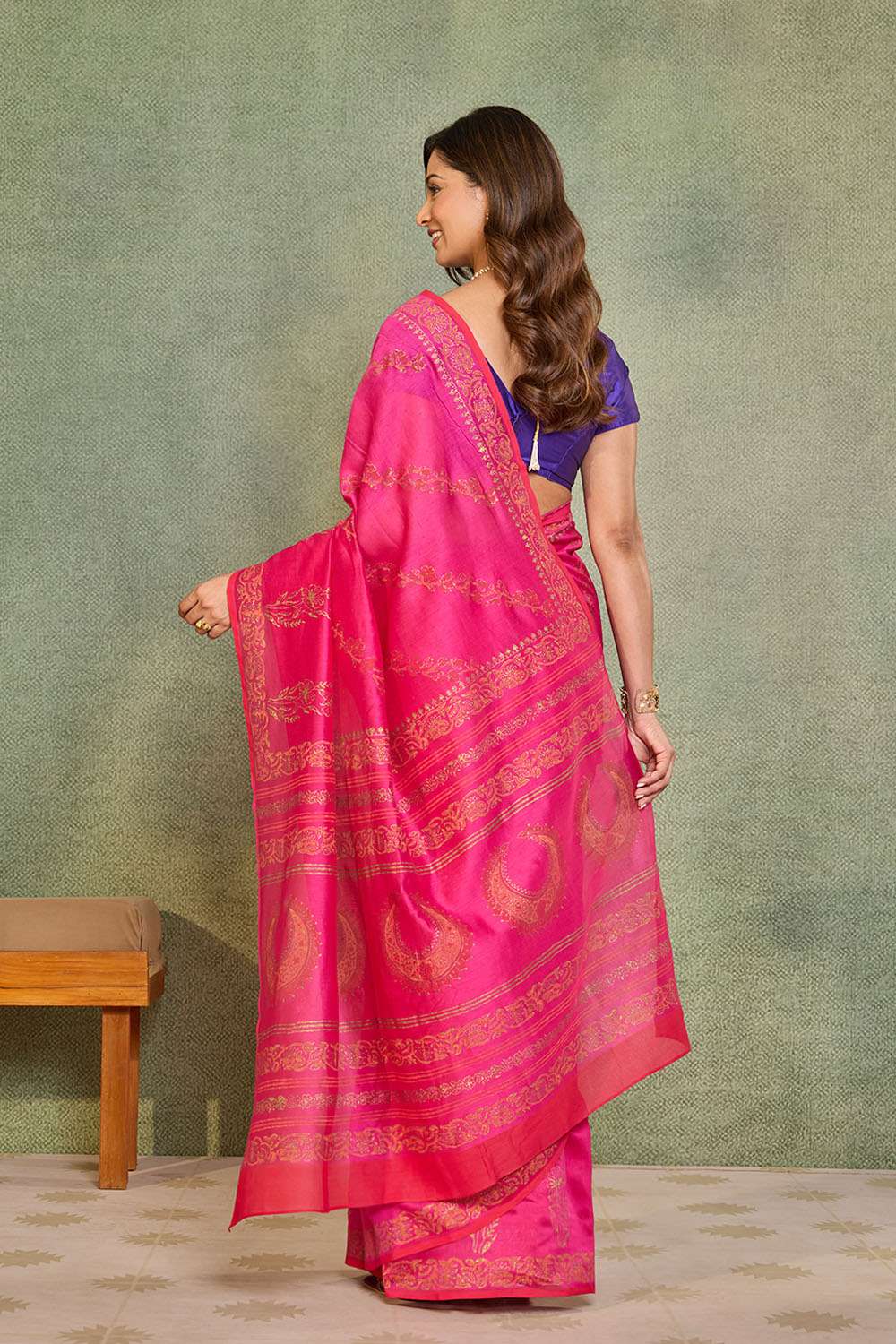 Dark Pink Pure Silk Cotton Block Printed Bengal Saree image number null