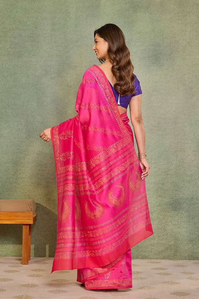 Dark Pink Pure Silk Cotton Block Printed Bengal Saree thumbnail image number null