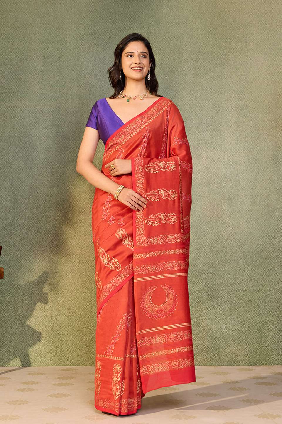 Red Pure Silk Cotton Block Printed Bengal Saree