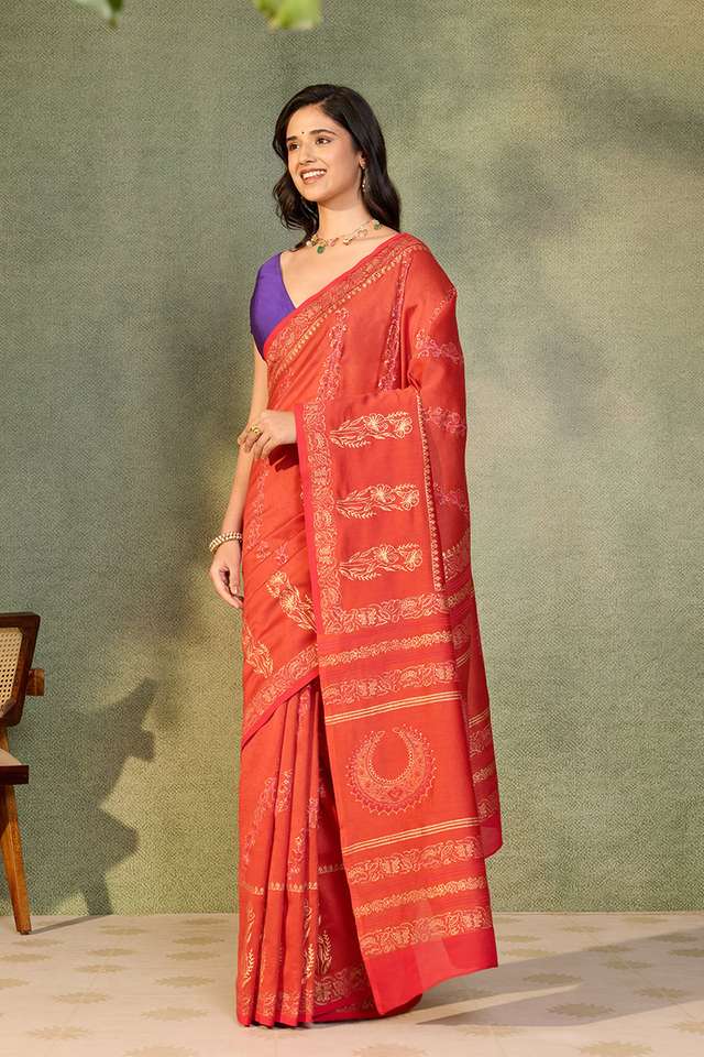 Red Pure Silk Cotton Block Printed Bengal Saree thumbnail image number null