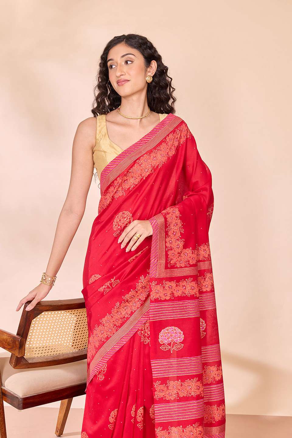 Red Pure Silk Cotton Block Printed Bengal Saree