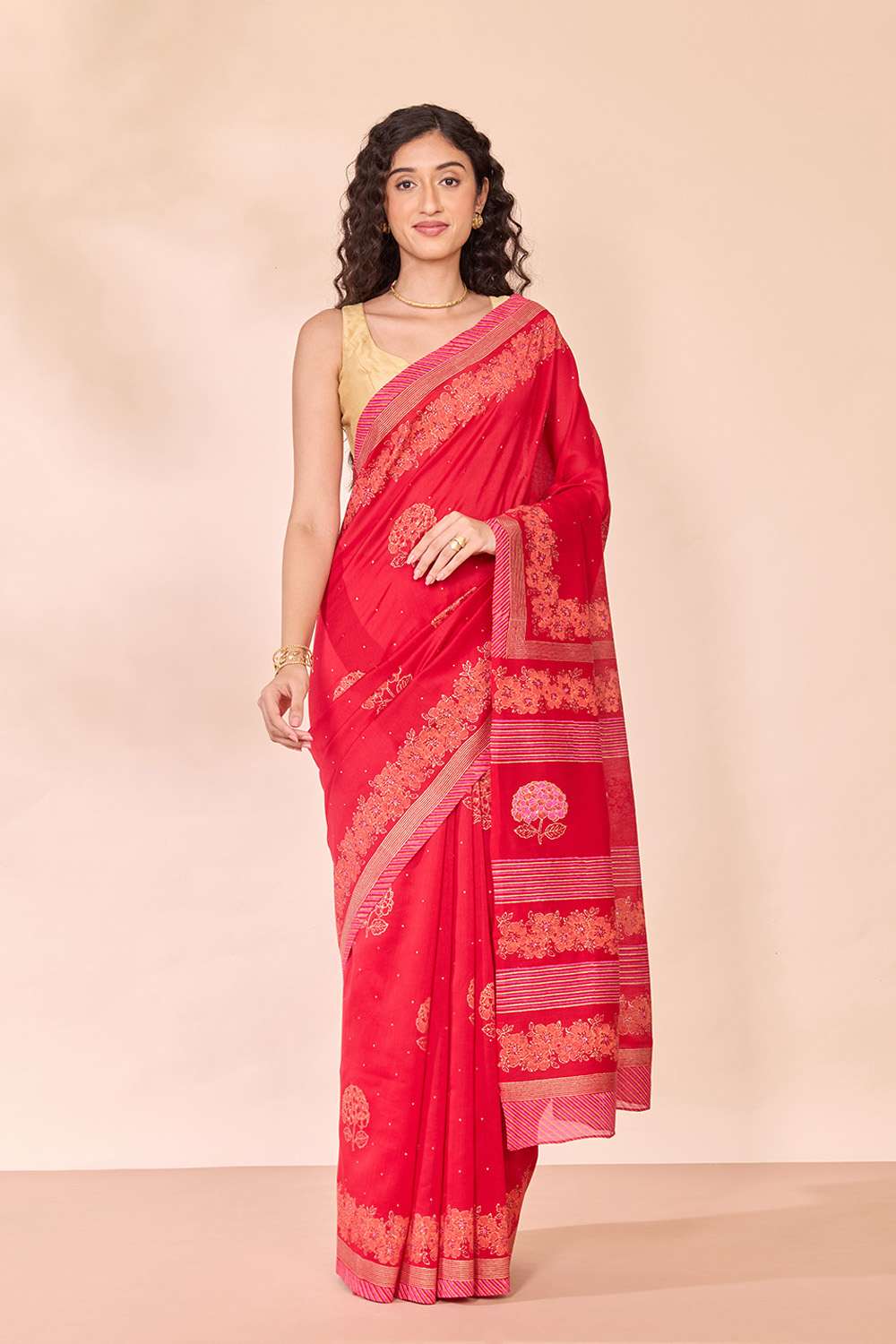 Red Pure Silk Cotton Block Printed Bengal Saree image number null