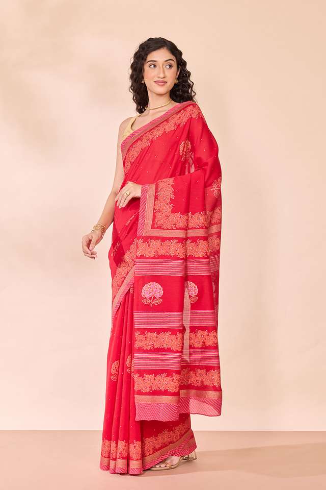 Red Pure Silk Cotton Block Printed Bengal Saree thumbnail image number null