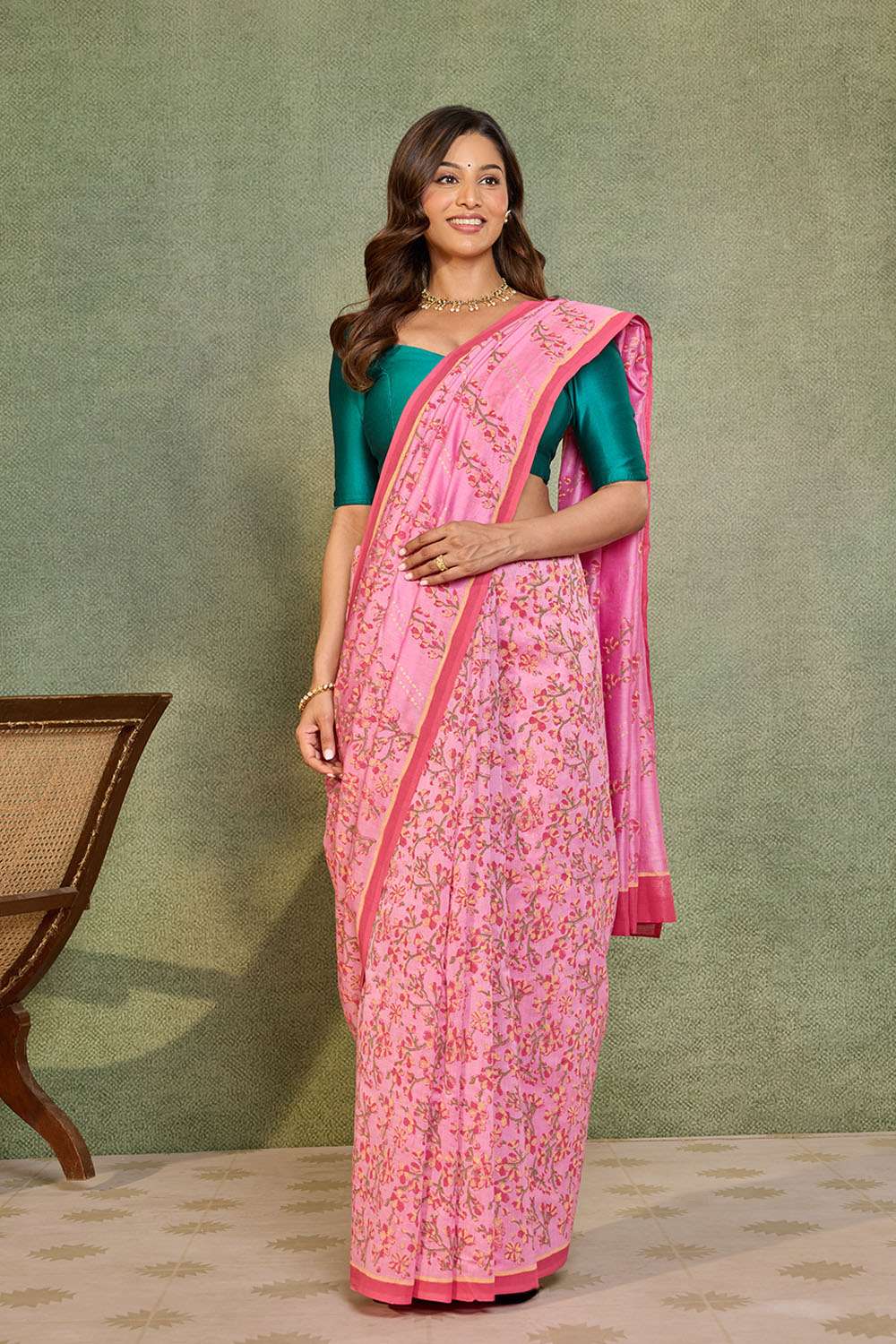Light Pink Pure Silk Cotton Block Printed Bengal Saree image number null