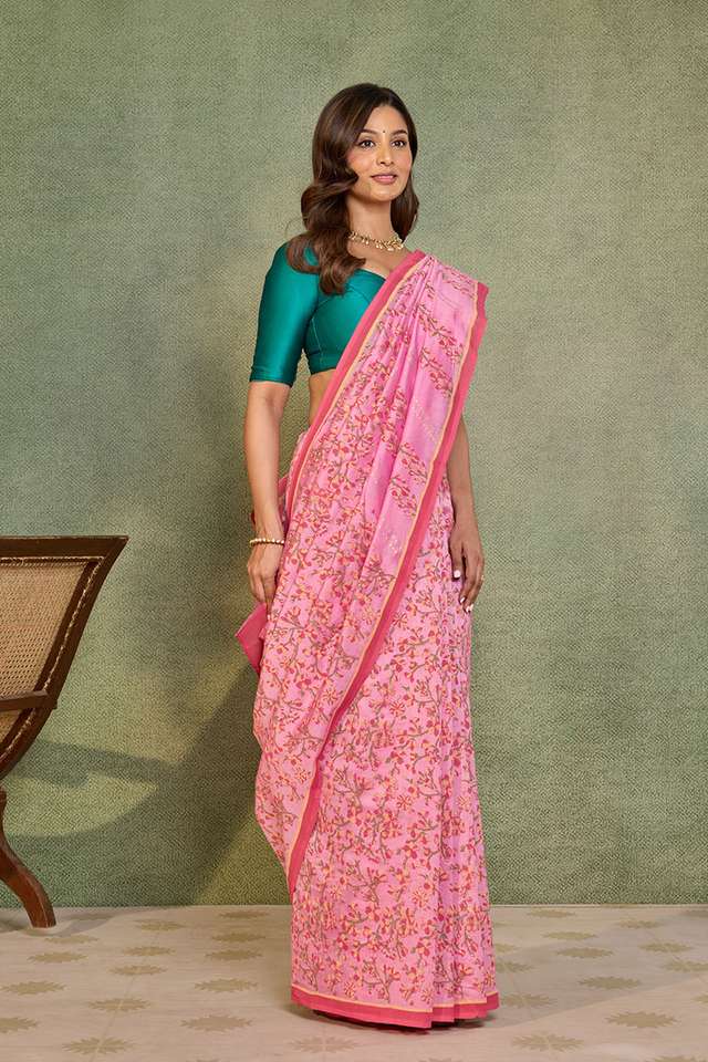 Light Pink Pure Silk Cotton Block Printed Bengal Saree thumbnail image number null