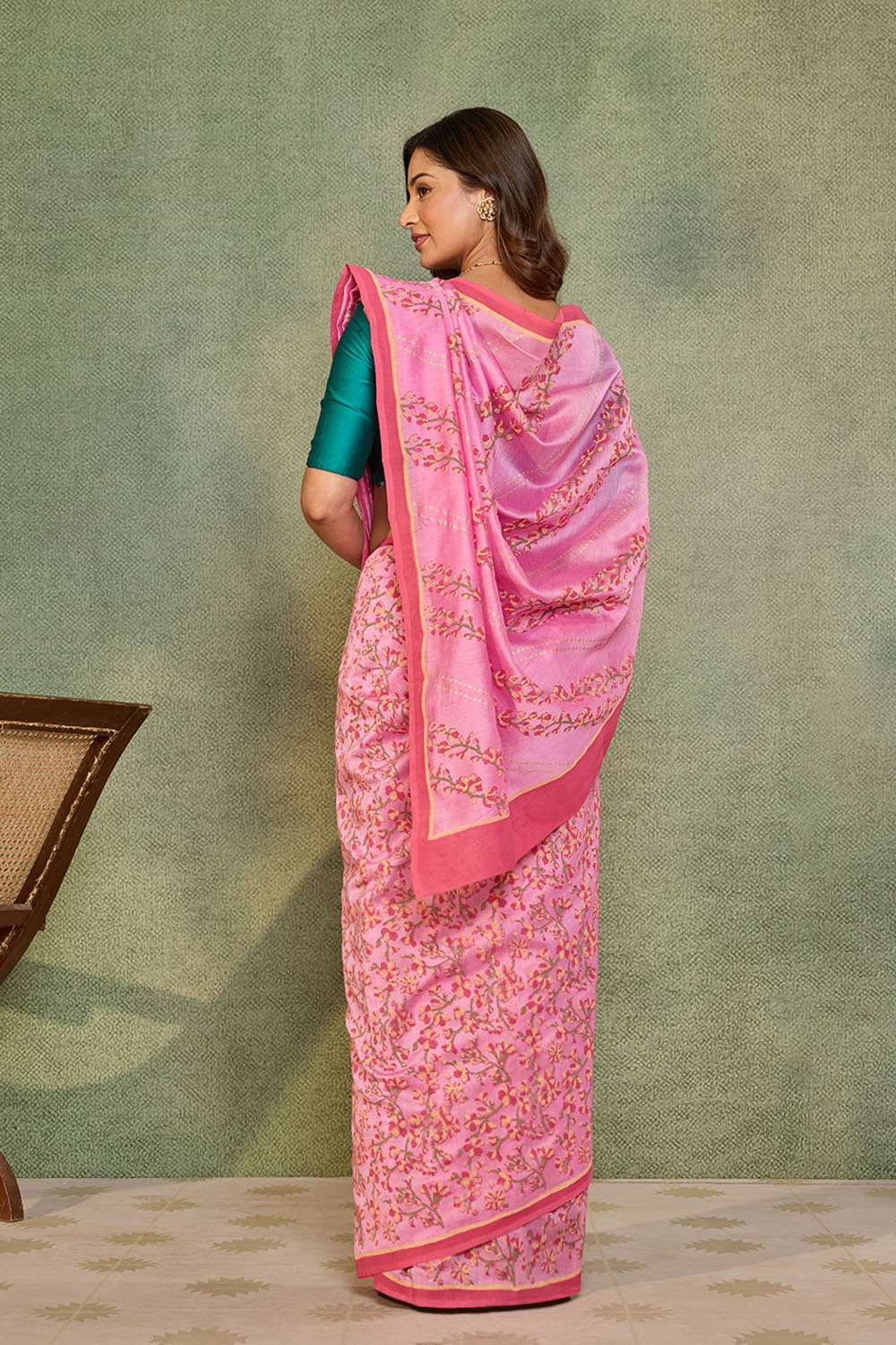 Light Pink Pure Silk Cotton Block Printed Bengal Saree image number null
