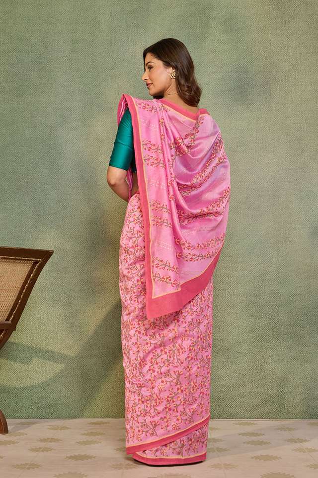 Light Pink Pure Silk Cotton Block Printed Bengal Saree thumbnail image number null
