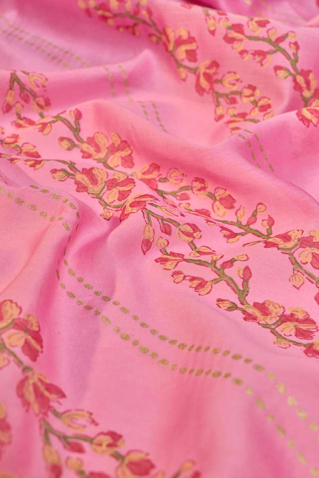 Light Pink Pure Silk Cotton Block Printed Bengal Saree thumbnail image number null