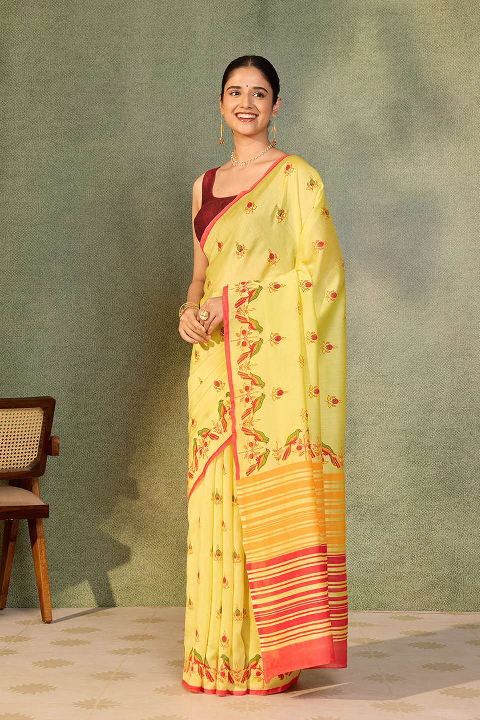 Yellow Pure Silk Cotton Block Printed Bengal Saree