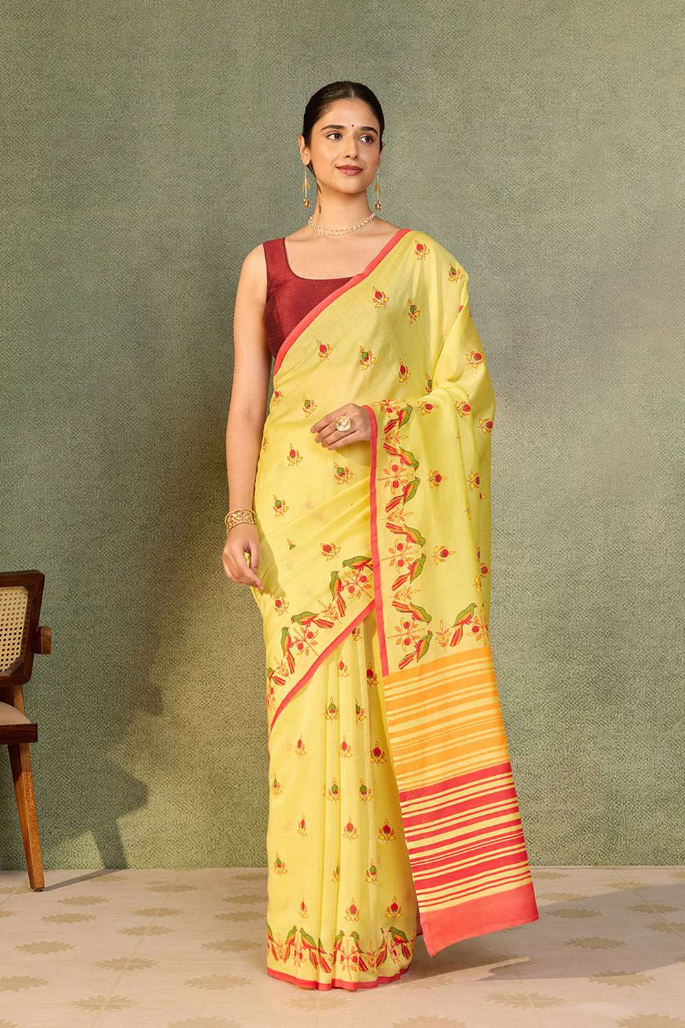 Yellow Pure Silk Cotton Block Printed Bengal Saree image number null