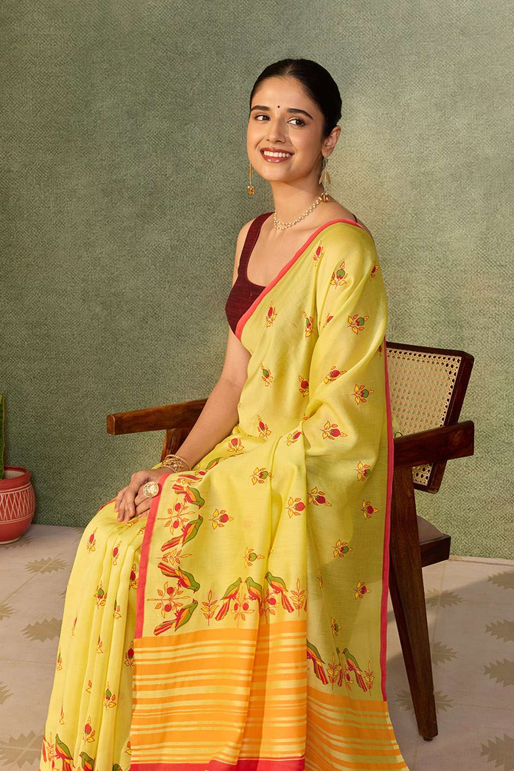 Yellow Pure Silk Cotton Block Printed Bengal Saree image number null