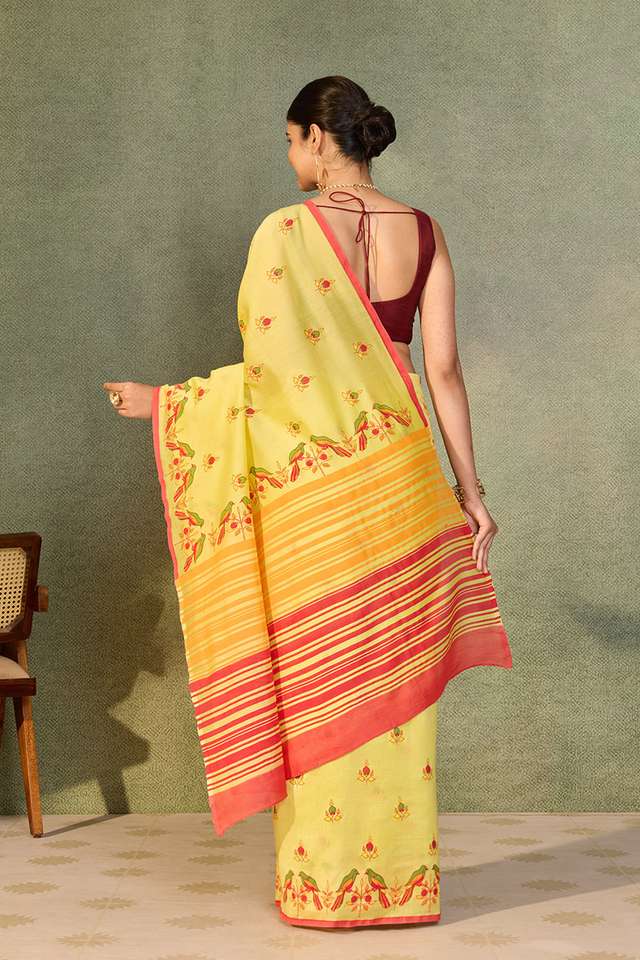 Yellow Pure Silk Cotton Block Printed Bengal Saree thumbnail image number null