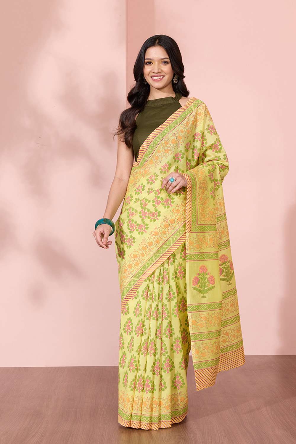 Yellow Pure Silk Cotton Block Printed Bengal Saree image number null