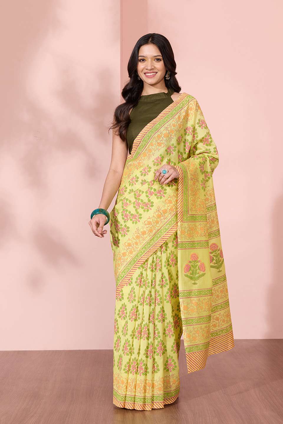 Yellow Pure Silk Cotton Block Printed Bengal Saree