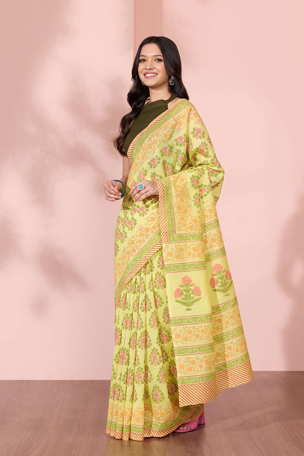 Yellow Pure Silk Cotton Block Printed Bengal Saree image number null