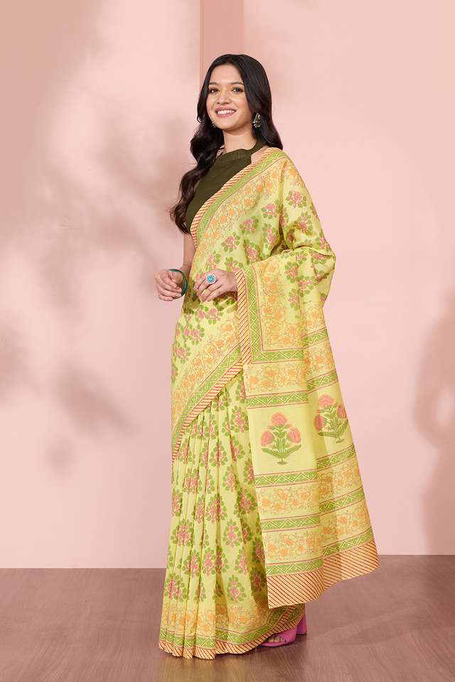 Yellow Pure Silk Cotton Block Printed Bengal Saree thumbnail image number null
