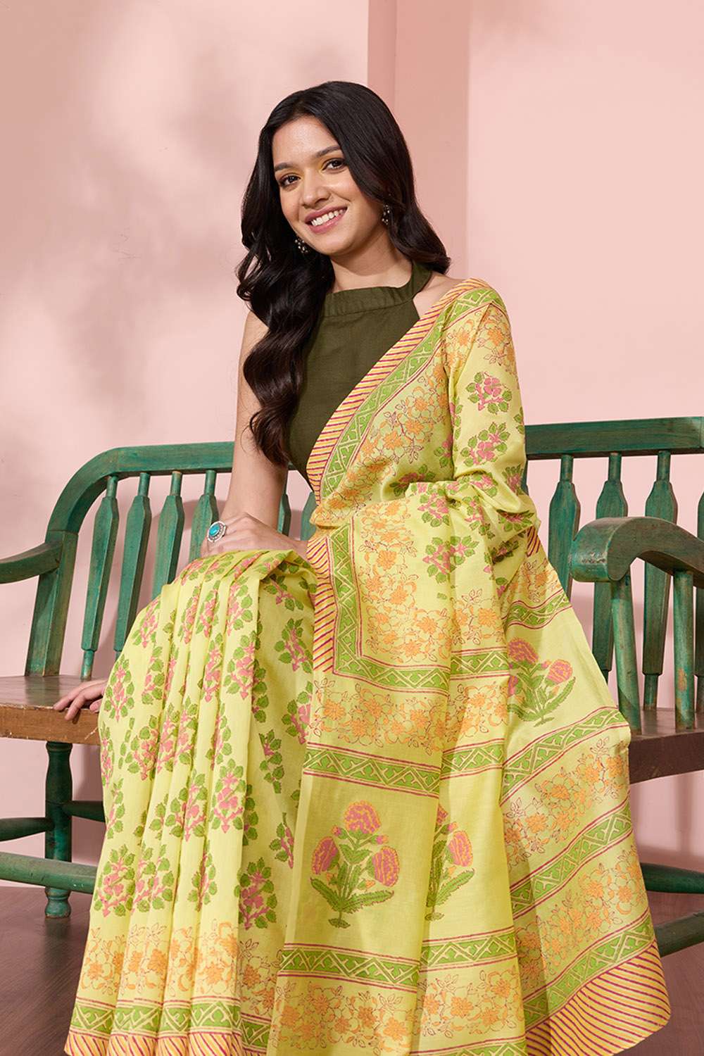 Yellow Pure Silk Cotton Block Printed Bengal Saree image number null