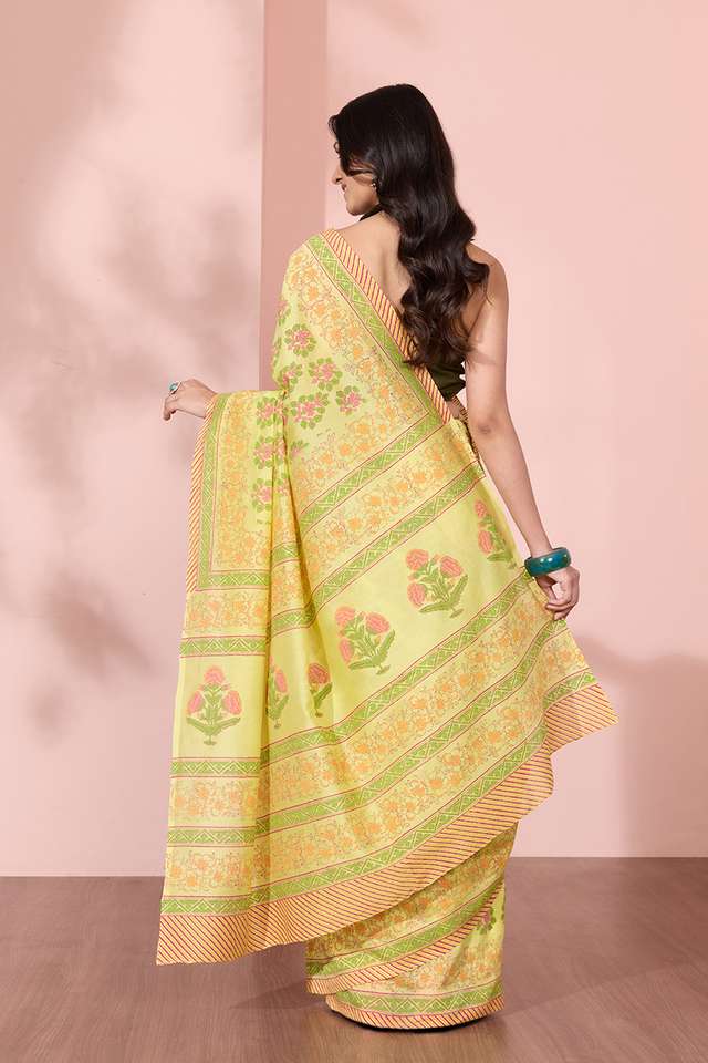 Yellow Pure Silk Cotton Block Printed Bengal Saree thumbnail image number null