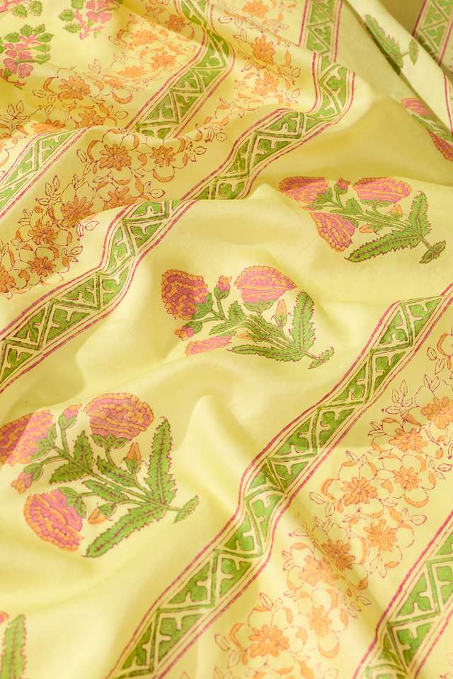 Yellow Pure Silk Cotton Block Printed Bengal Saree thumbnail image number null