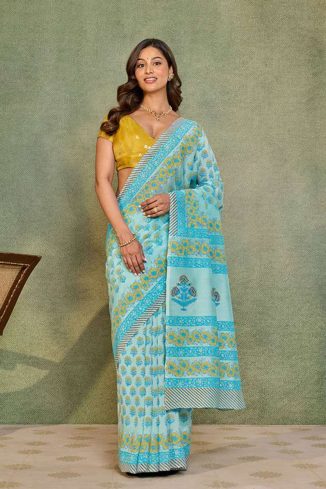 Light Blue Pure Silk Cotton Block Printed Bengal Saree thumbnail image number null