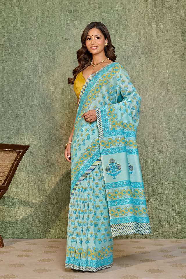 Light Blue Pure Silk Cotton Block Printed Bengal Saree thumbnail image number null