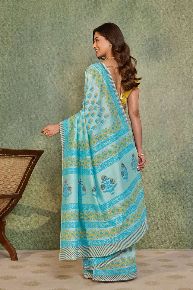 Light Blue Pure Silk Cotton Block Printed Bengal Saree thumbnail image number null