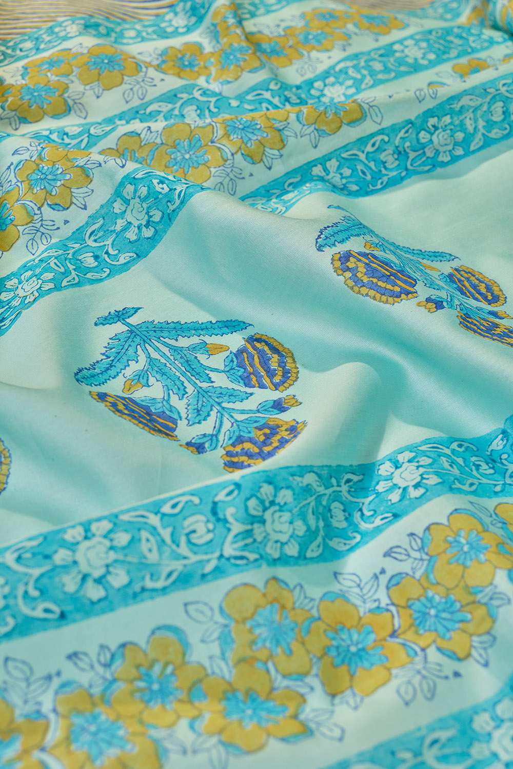 Light Blue Pure Silk Cotton Block Printed Bengal Saree image number null