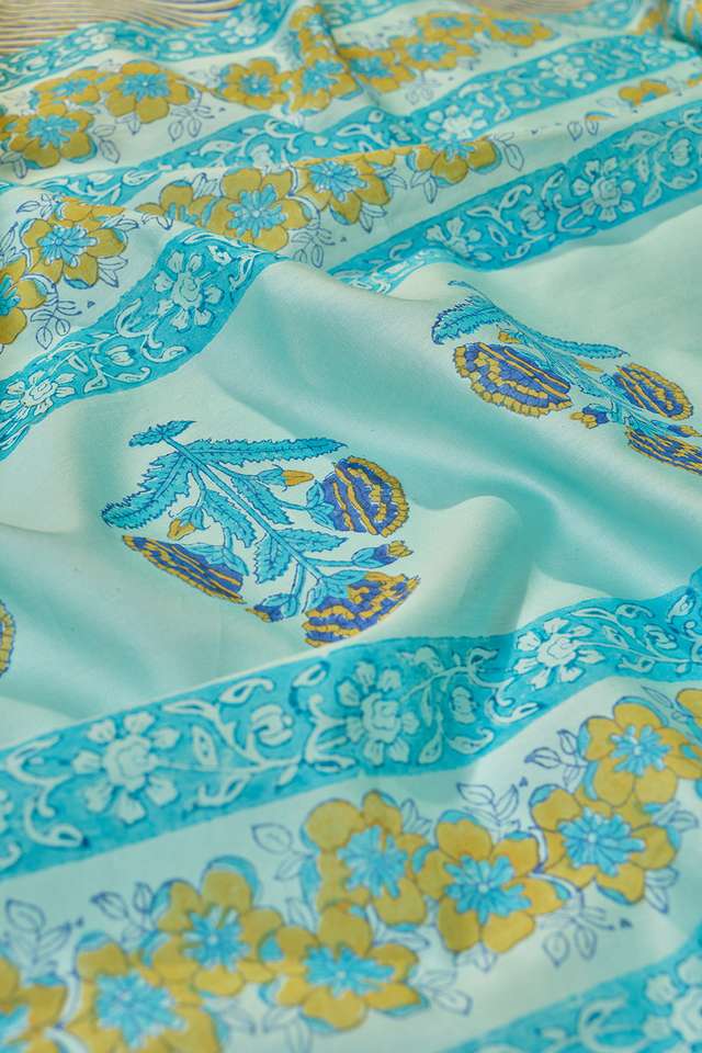 Light Blue Pure Silk Cotton Block Printed Bengal Saree thumbnail image number null