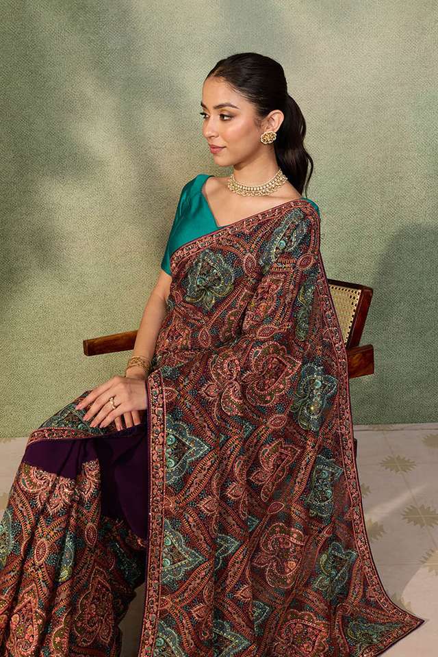 Purple Embroidered Pure Viscose Saree thumbnail image number null