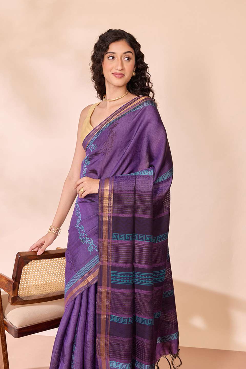 Purple Pure Tussar Silk Block Printed Bengal Saree