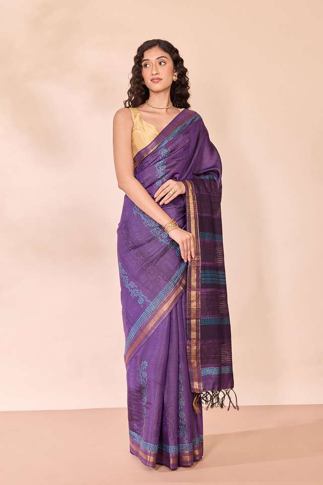 Purple Pure Tussar Silk Block Printed Bengal Saree thumbnail image number null