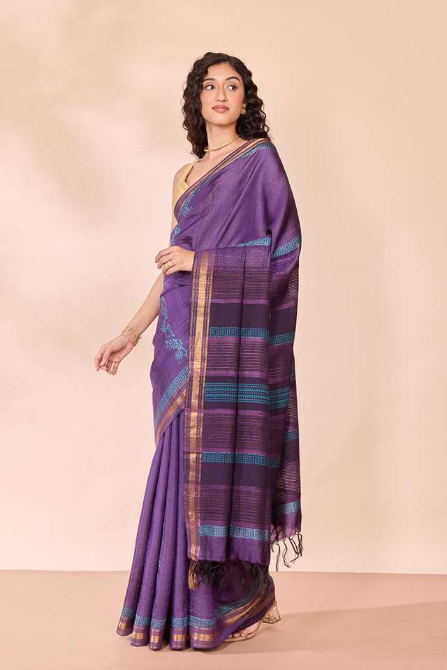 Purple Pure Tussar Silk Block Printed Bengal Saree thumbnail image number null