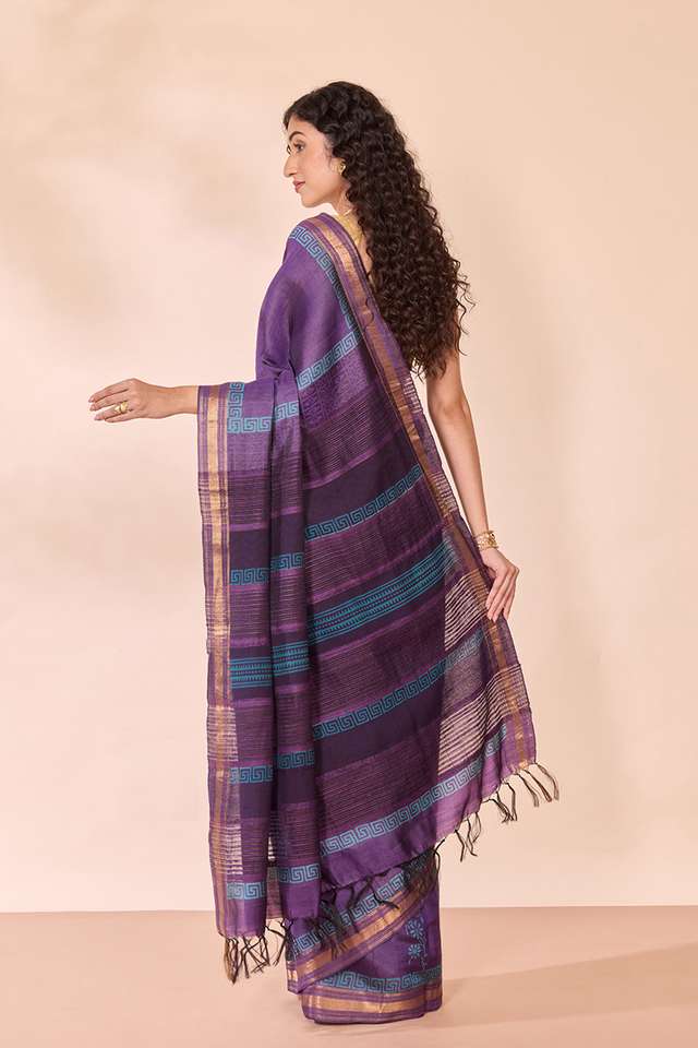 Purple Pure Tussar Silk Block Printed Bengal Saree thumbnail image number null