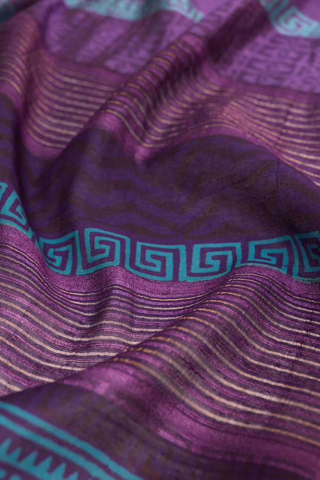 Purple Pure Tussar Silk Block Printed Bengal Saree thumbnail image number null