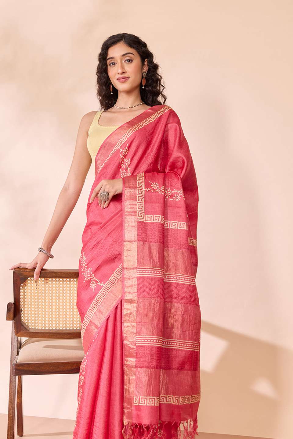 Dark Pink Pure Tussar Silk Block Printed Bengal Saree