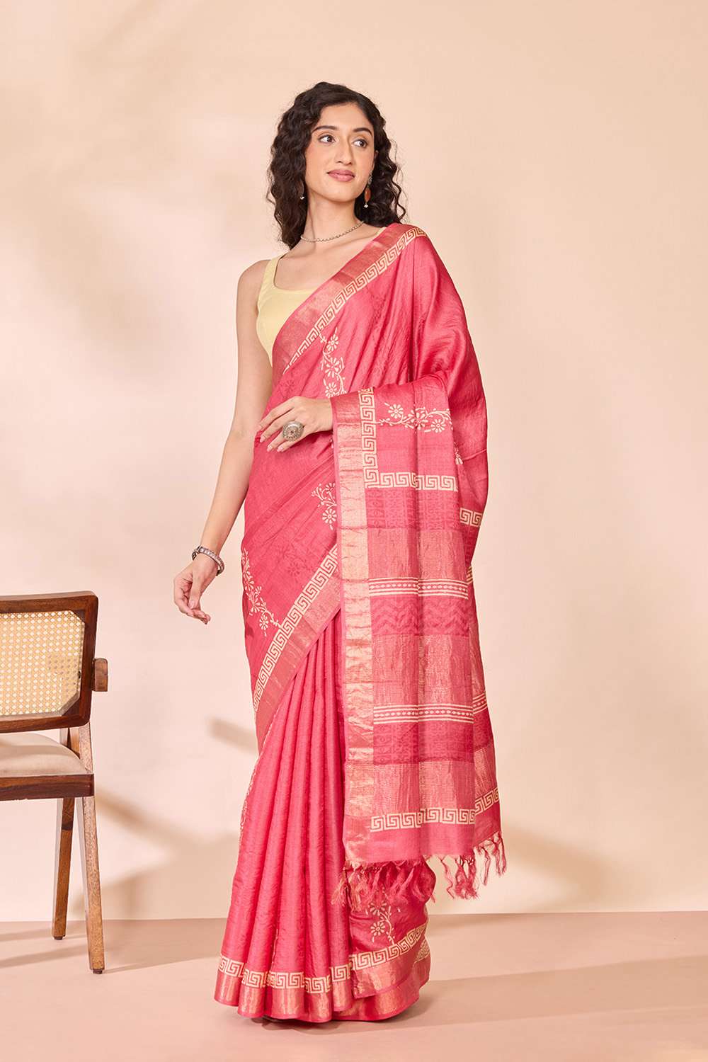 Dark Pink Pure Tussar Silk Block Printed Bengal Saree image number null