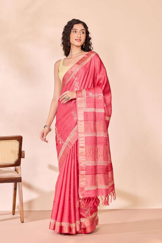 Dark Pink Pure Tussar Silk Block Printed Bengal Saree thumbnail image number null