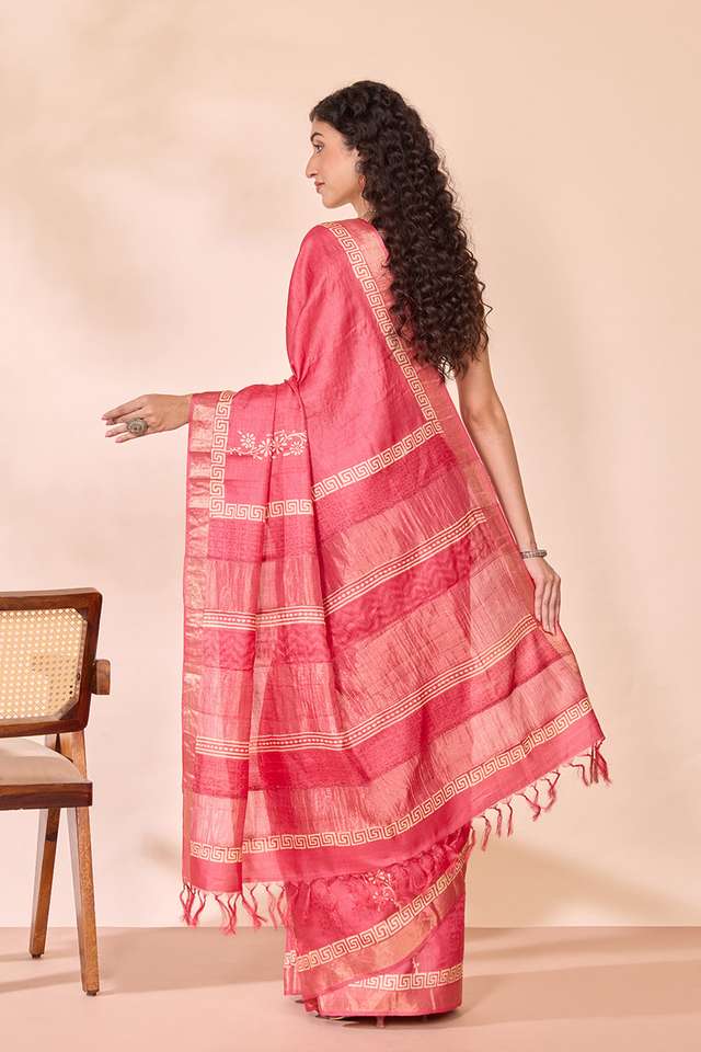 Dark Pink Pure Tussar Silk Block Printed Bengal Saree thumbnail image number null
