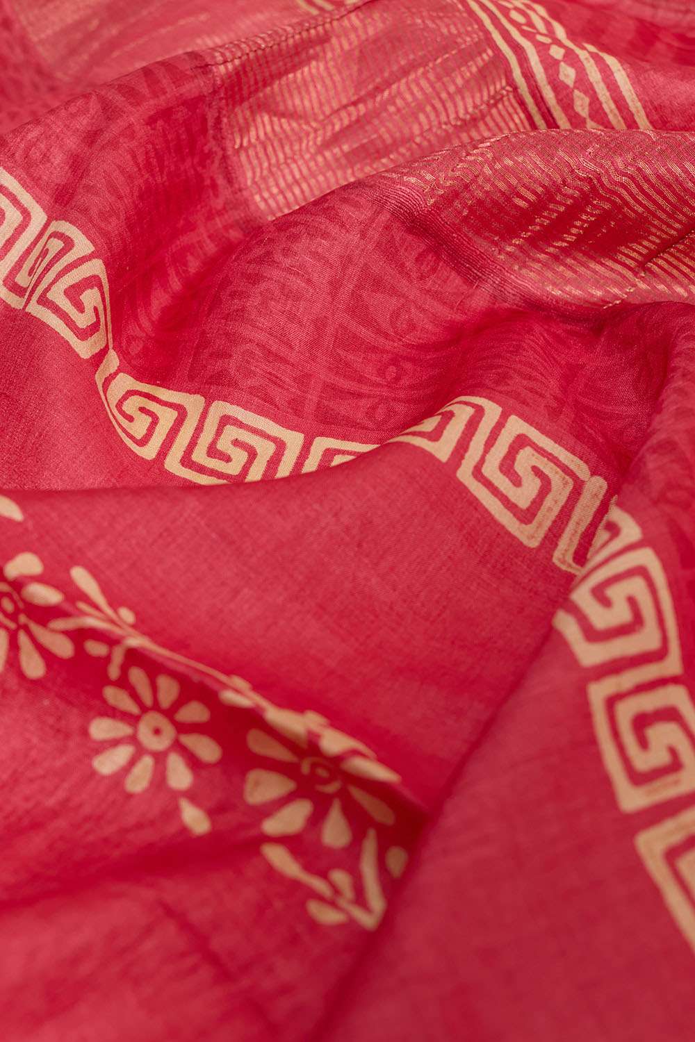 Dark Pink Pure Tussar Silk Block Printed Bengal Saree image number null