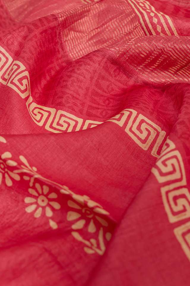 Dark Pink Pure Tussar Silk Block Printed Bengal Saree thumbnail image number null