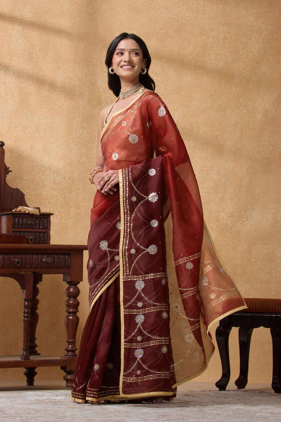 Dark Red Pure Silk Organza Embroidered Saree