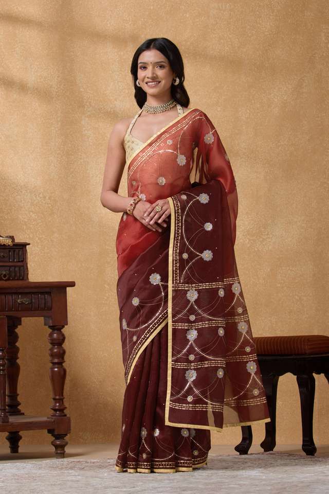 Dark Red Pure Silk Organza Embroidered Saree thumbnail image number null