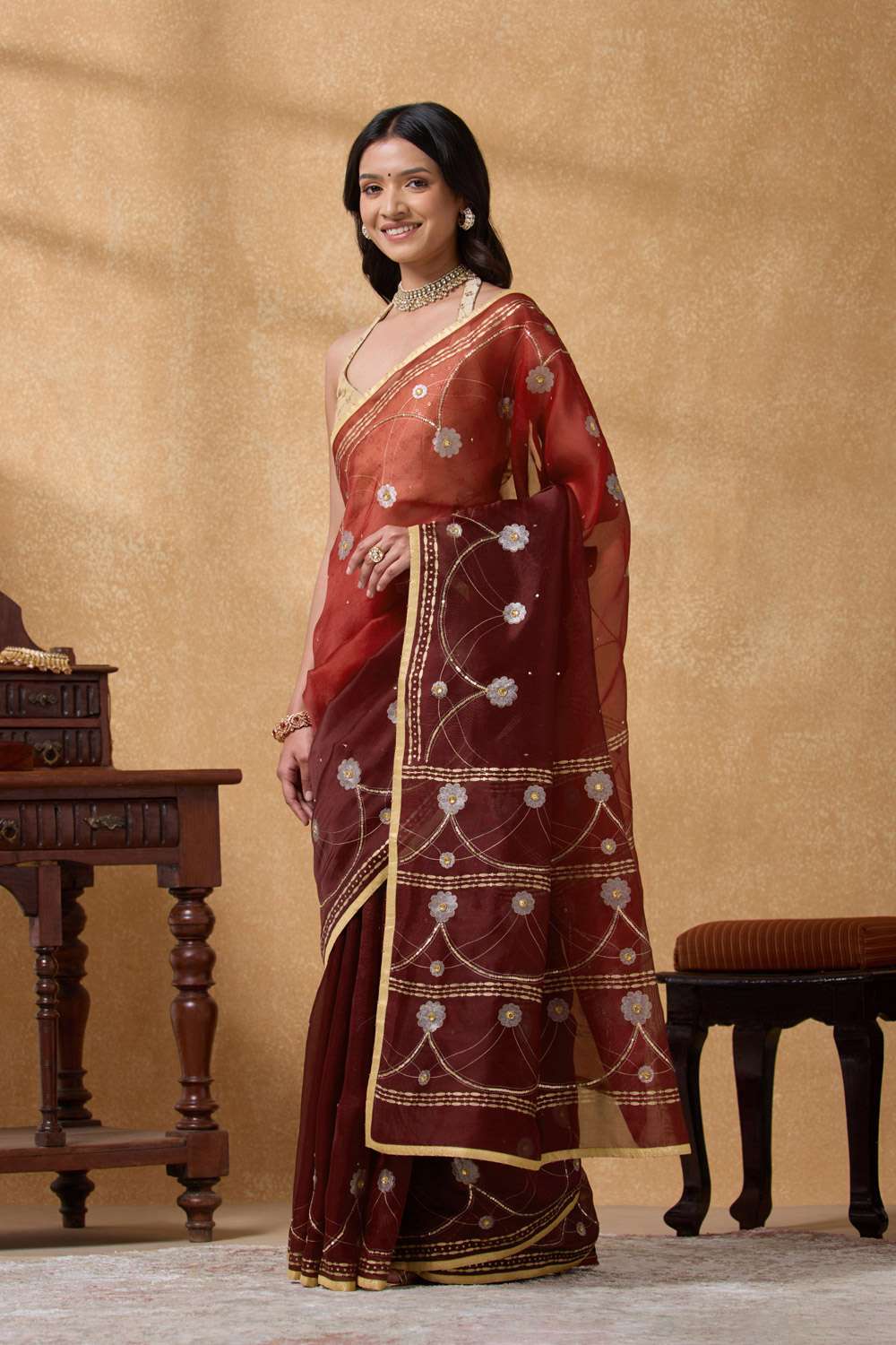 Dark Red Pure Silk Organza Embroidered Saree image number null