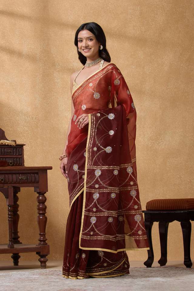Dark Red Pure Silk Organza Embroidered Saree thumbnail image number null