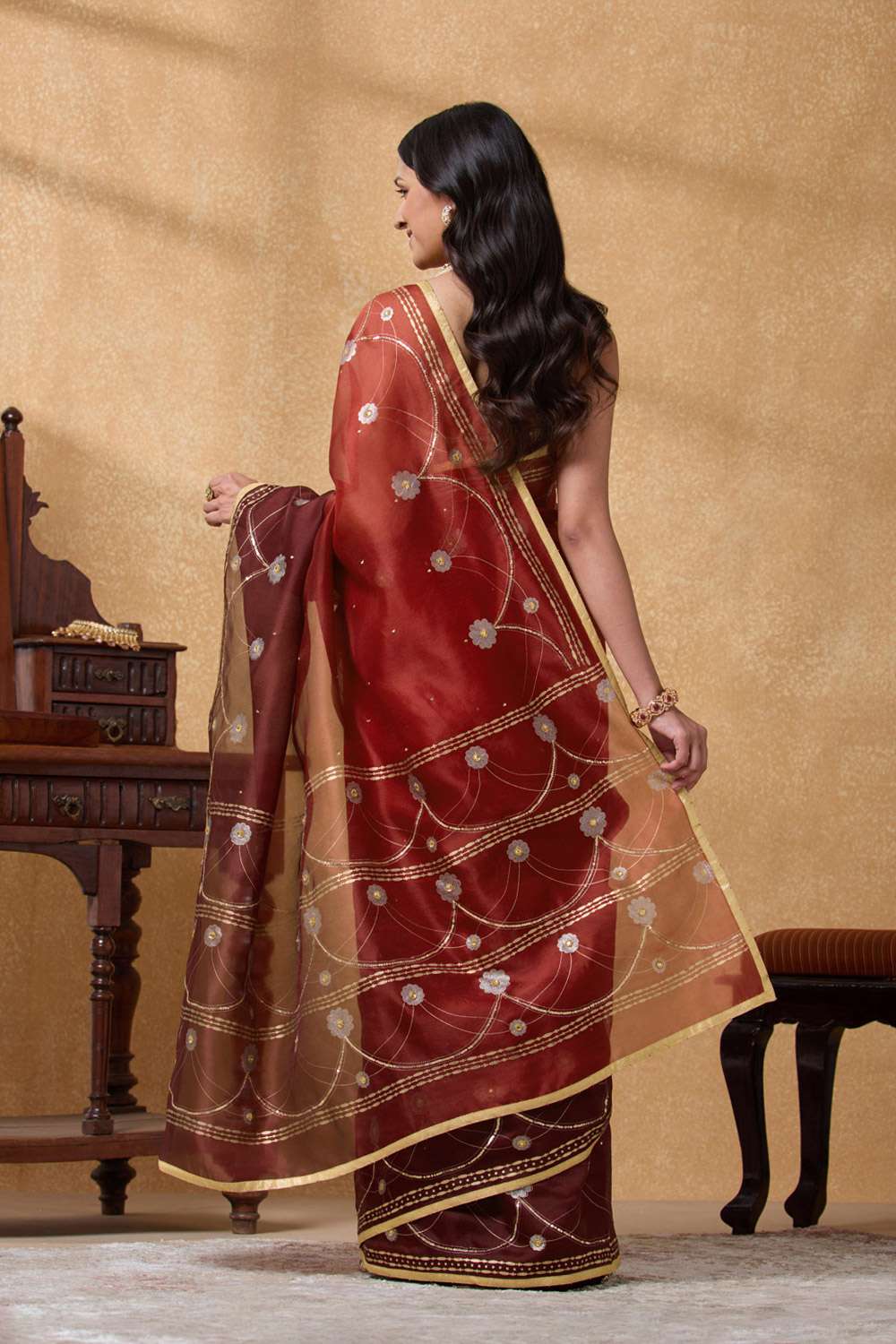 Dark Red Pure Silk Organza Embroidered Saree image number null