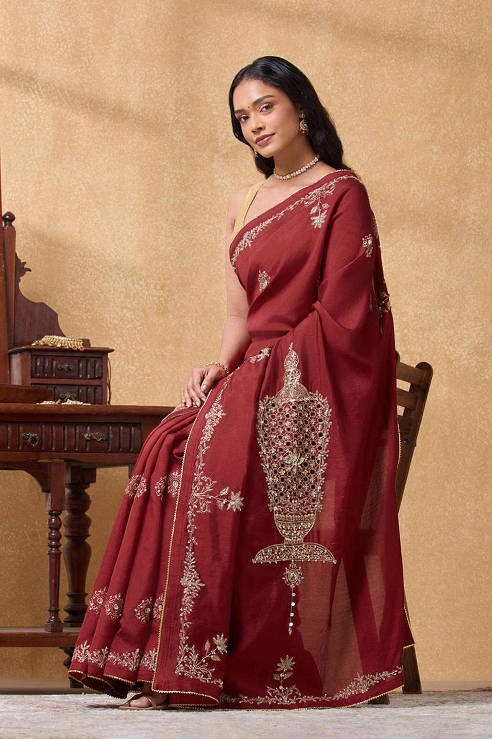 Red Bengal Silk Viscose Embroidered Saree