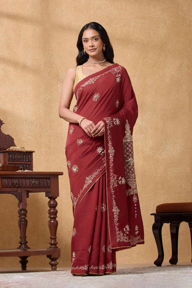 Red Bengal Silk Viscose Embroidered Saree thumbnail image number null