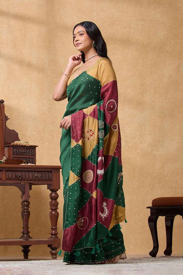 Green Silk Viscose Embroidered Saree image number